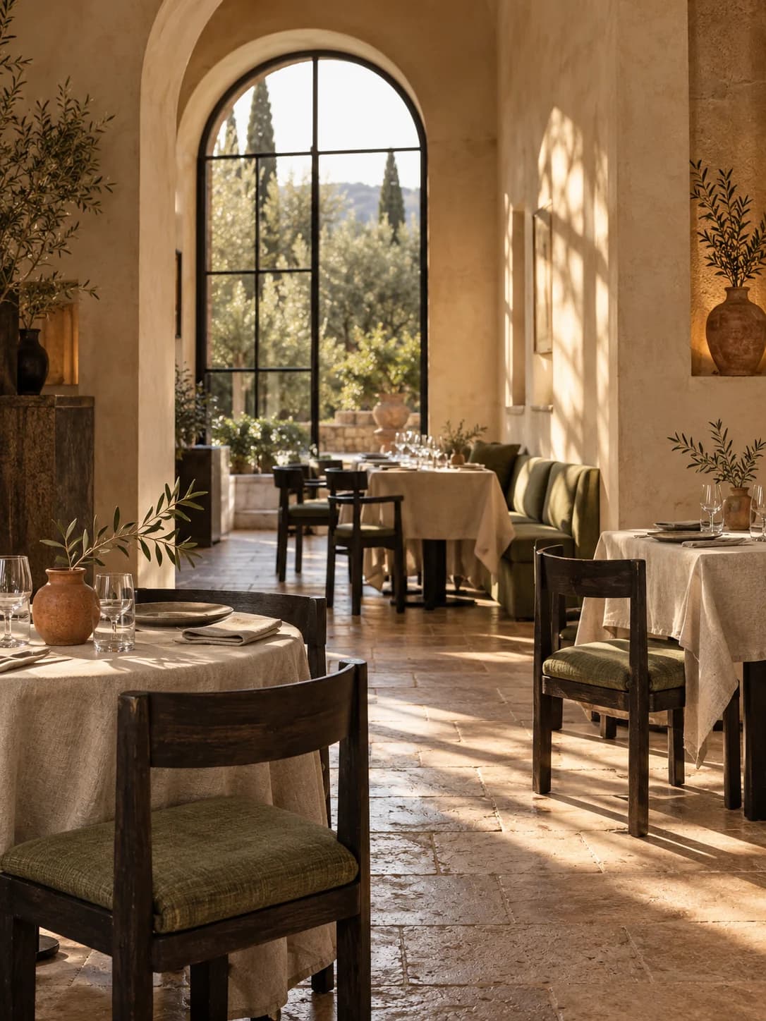 Un intérieur de restaurant imaginé, baigné de lumière, aux matières naturelles et aux tons chaleureux.